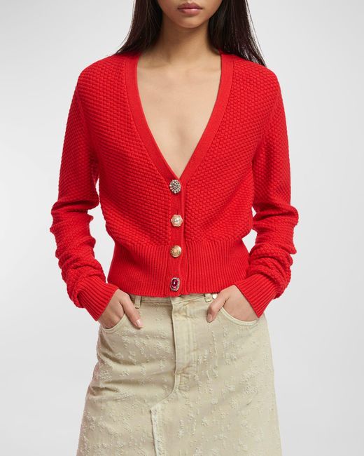 Essentiel Antwerp Red Farah Embellished-Button Knit Cardigan