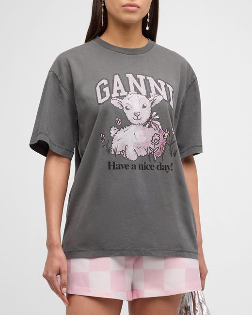 Ganni Gray Short-Sleeve Relaxed Lamb T-Shirt