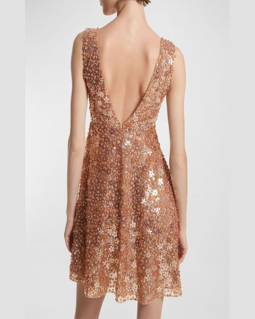 Michael Kors Multicolor Plunging Floral Sequined Tulle Sleeveless Mini Babydoll Dress