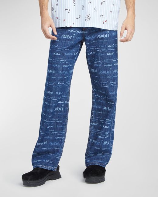 Marni Blue Straight-Leg Jeans With Repeated Logo for men