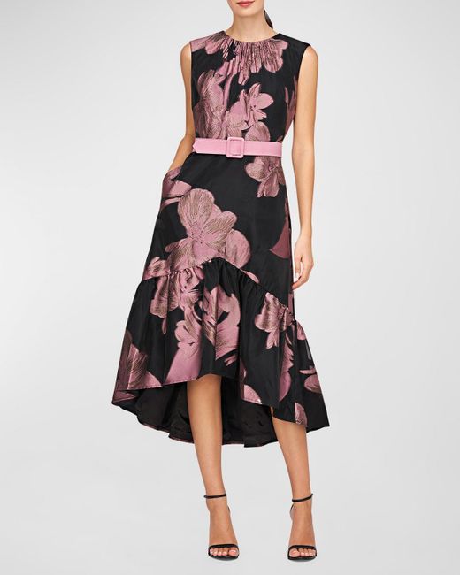 Kay Unger Red High-low Belted Floral-print Midi Dress