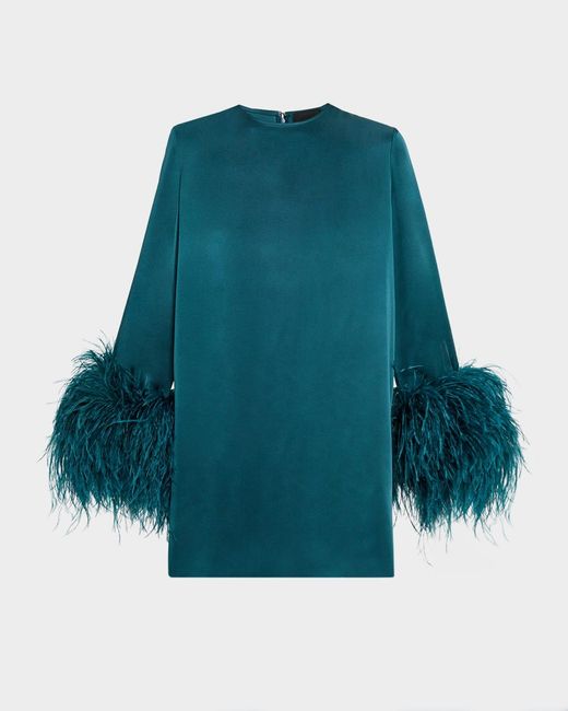 LAPOINTE Blue Satin Feather-Cuff Shift Dress