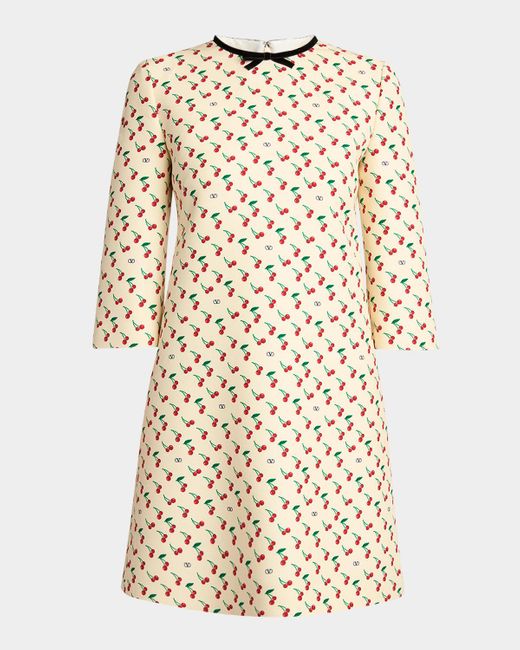 Valentino Garavani Natural Cherry Print Crepe Couture Mini Dress