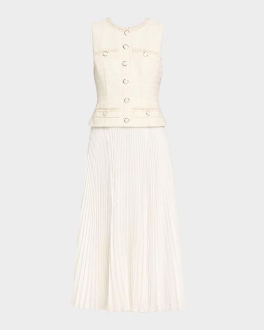 MILLY Natural Pleated Boucle Mixed Media Midi Dress