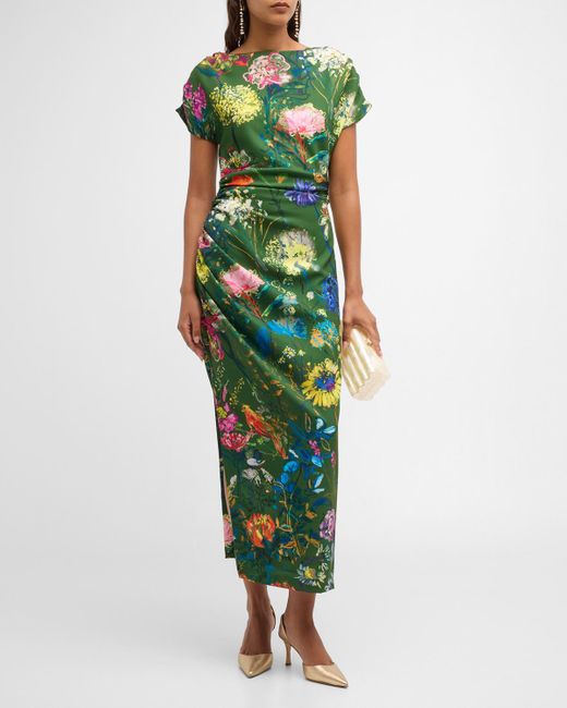 Lela Rose Green Floral-print Ruched Short-sleeve Midi Dress