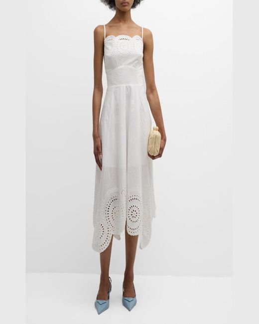 MILLY White Camilla Embroidered Handkerchief Midi Dress