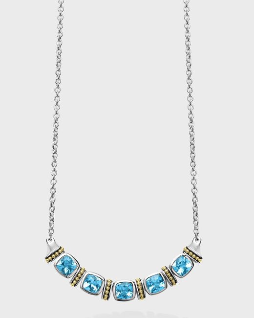 Lagos White Caviar Color Blue Topaz 6mm Cushion-set 5-stone Chain Necklace