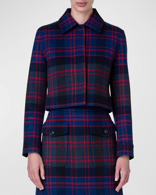 Akris Blue Lewitt Glen Check Wool-cashmere 70s Short Jacket