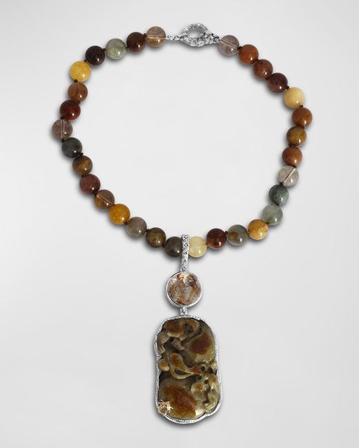 Stephen Dweck White Hand Carved Jade, Faceted Pyrite Quartz And Rutilated Quartz Necklace