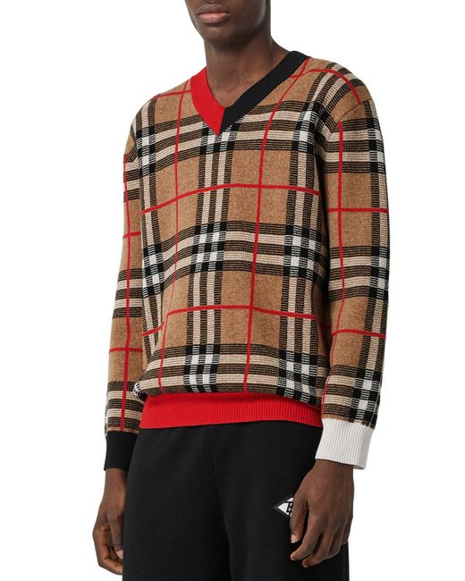 Burberry Red Signature Check V-Neck Sweater for men
