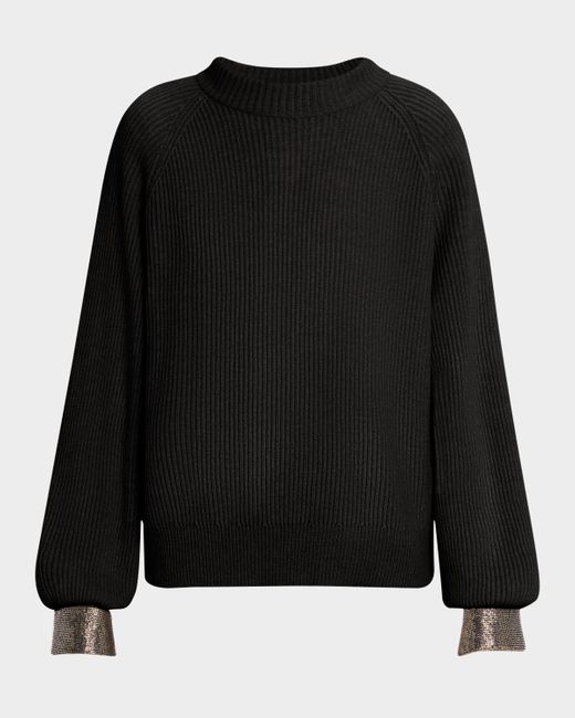 Brunello Cucinelli Black Monili-Cuff Cashmere Rib Crewneck Sweater