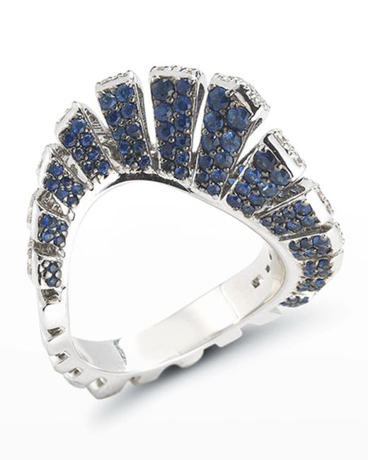 Miseno 18k White Gold Blue Sapphire/white Diamond Fan Ring, Size 6.5