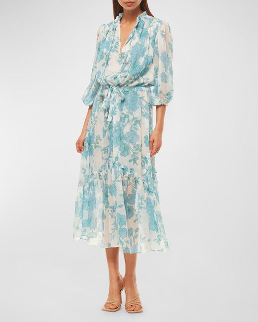 MISA Los Angles Blue Olivia Blouson-sleeve Floral Chiffon Midi Dress