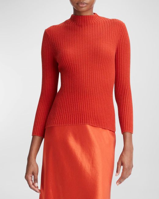 Vince Red 3/4-sleeve Ribbed Cashmere And Silk Mock-neck Sweater