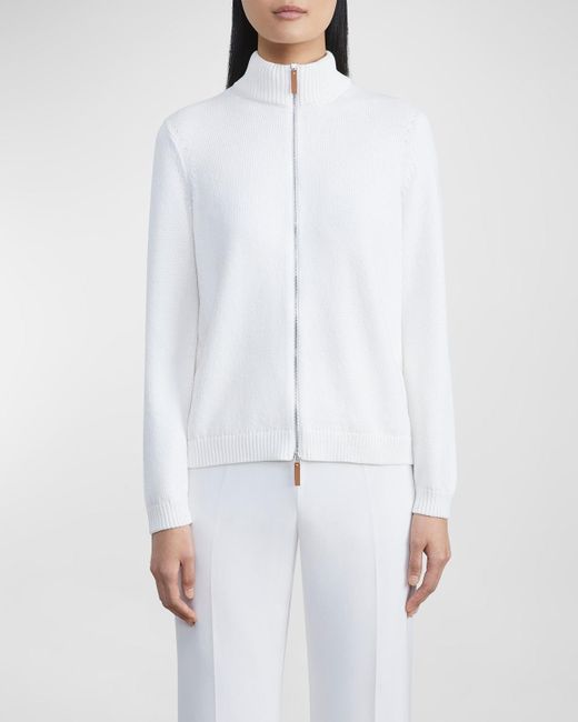 Lafayette 148 New York White Cotton/Silk Tape Fitted Bomber Sweater