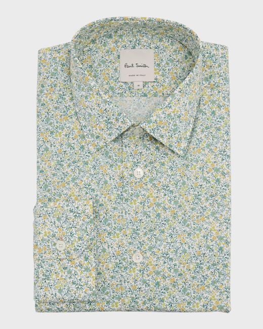 Paul Smith Green Cotton Floral-Print Sport Shirt for men