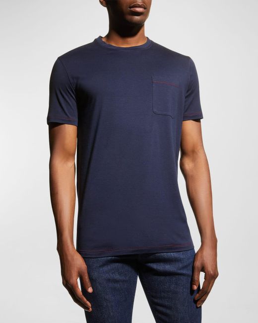 Isaia Blue Silk-Blend Pocket T-Shirt for men