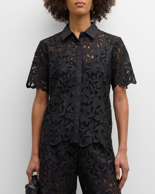 Johnny Was Black Kitt Button-Down Floral Lace Shirt