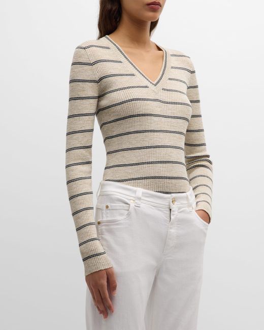 Brunello Cucinelli Gray Striped Metallic Linen Long-Sleeve V-Neck Knit Sweater