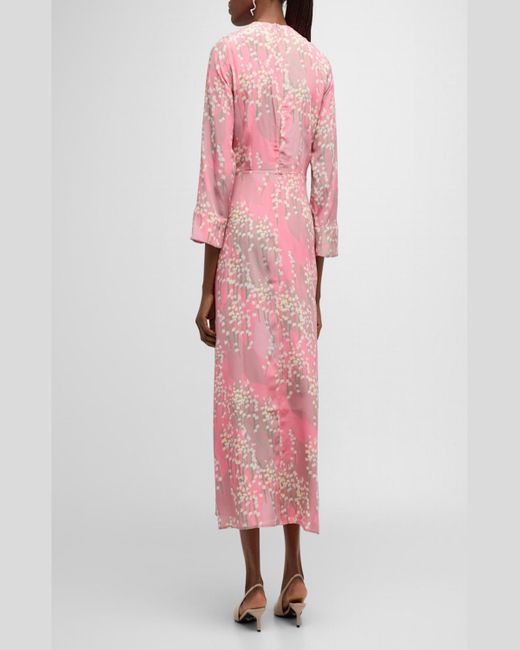 BERNADETTE Pink Harry Floral-print 3/4-sleeve Silk Midi Dress