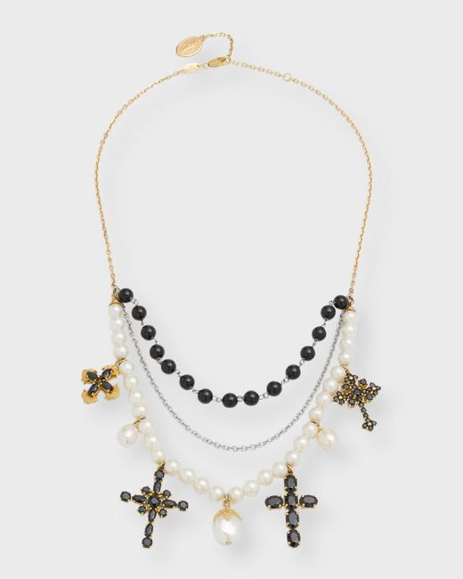 Dolce & Gabbana Natural 18k Yellow And White Gold Black Sapphire Pearl Cross Choker Necklace