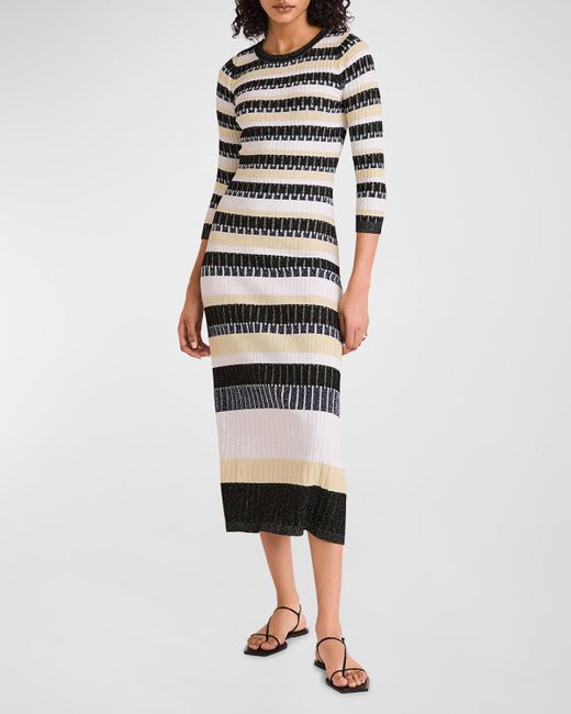 Merlette White Vali Striped 3/4-Sleeve Ribbed Knit Midi Dress