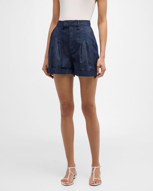 FRAME Blue Pleated Wide-Cuff Shorts