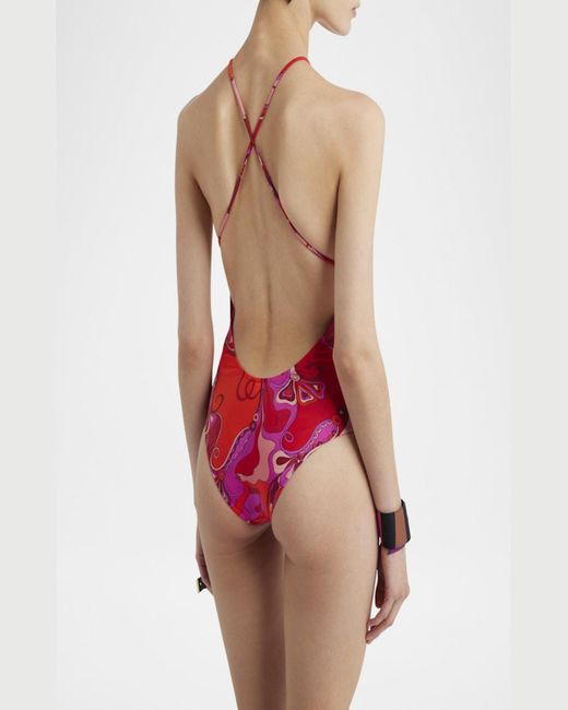 Emilio Pucci Red Orchidee-Print Backless Halter One-Piece Swimsuit