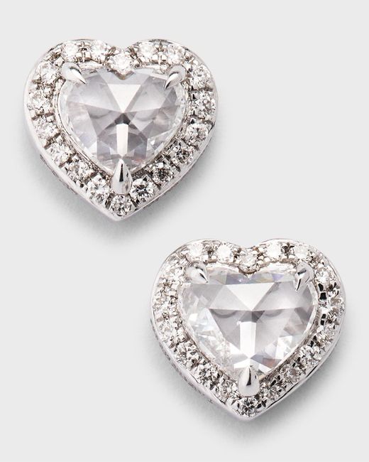 64 Facets Metallic 18k White Gold Heart Diamond Stud Earrings