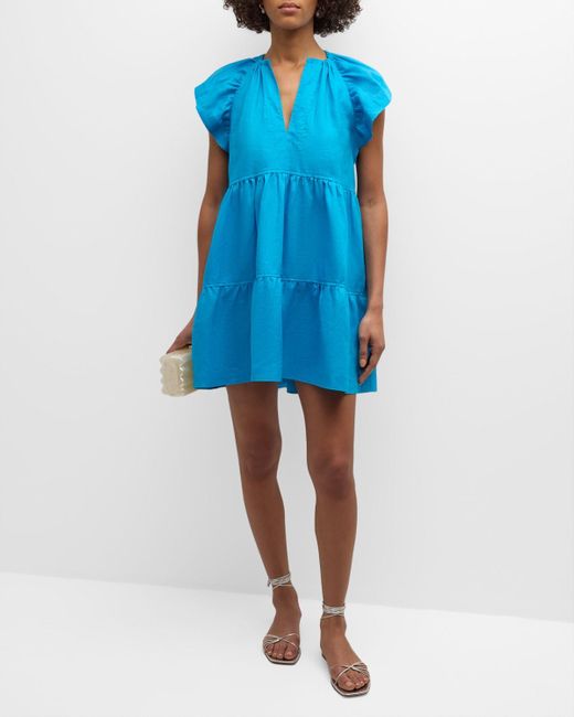 Marie Oliver Blue Kara Tiered Linen Mini Dress