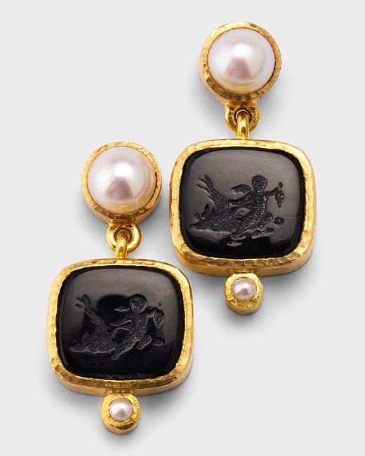 Elizabeth Locke Multicolor 19k Pearl Earrings With Swinging Putto And Goose