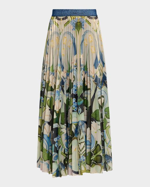 Mary Katrantzou Green Uni Metallic Pleated Midi Skirt