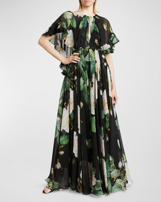 Giambattista Valli Green Floral-Print Gathered Chiffon Ruffle-Cape Maxi Dress