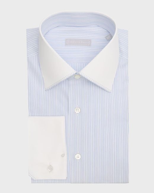 Stefano Ricci Blue Cotton French Cuff Multi-stripe Dress Shirt for men