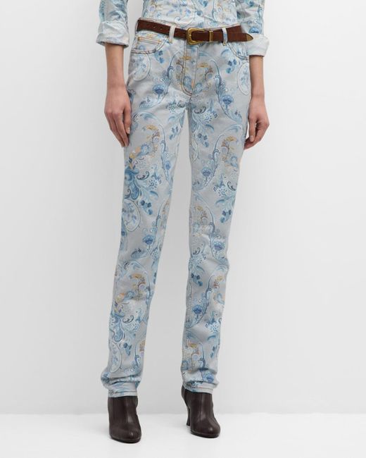 Etro Blue Mid-Rise Etch Paisley Skinny Jeans