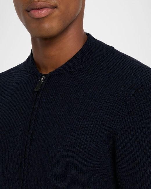 Neiman Marcus Blue Apos;Merino Wool Rib Full-Zip Sweater for men
