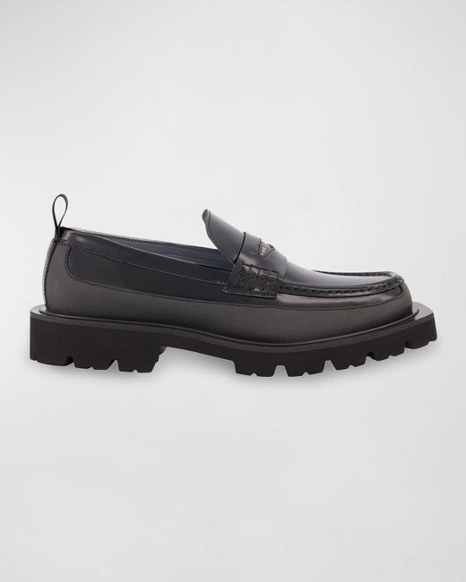 Karl Lagerfeld Black Mixed Leather Logo Lug-Sole Penny Loafers for men