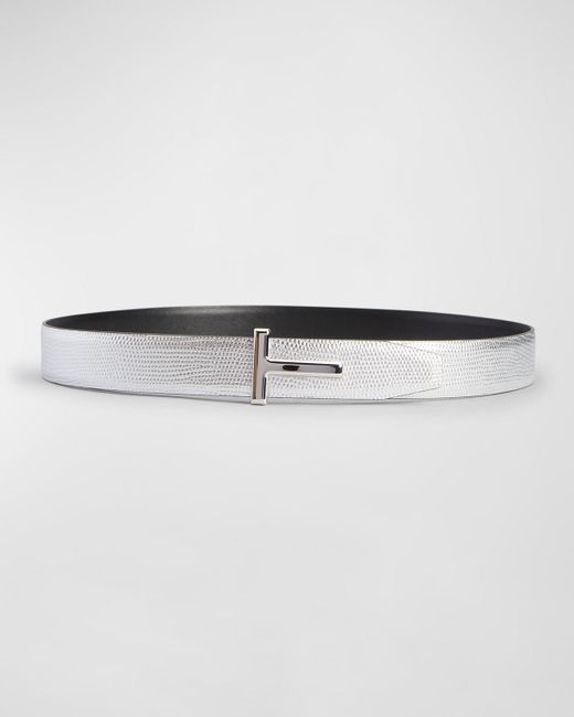 Tom Ford Gray Silver Lizard-embossed Reversible Leather Belt