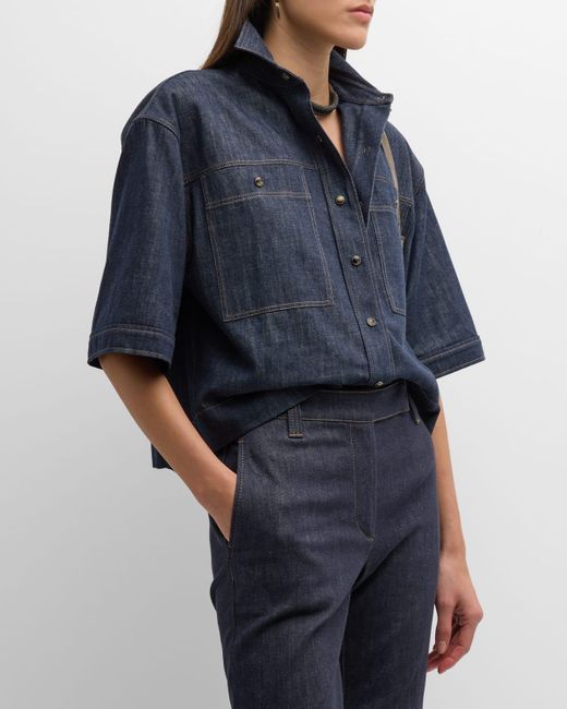 Brunello Cucinelli Blue Metallic Denim Monili-tab Short-sleeve Snap-front Collared Shirt
