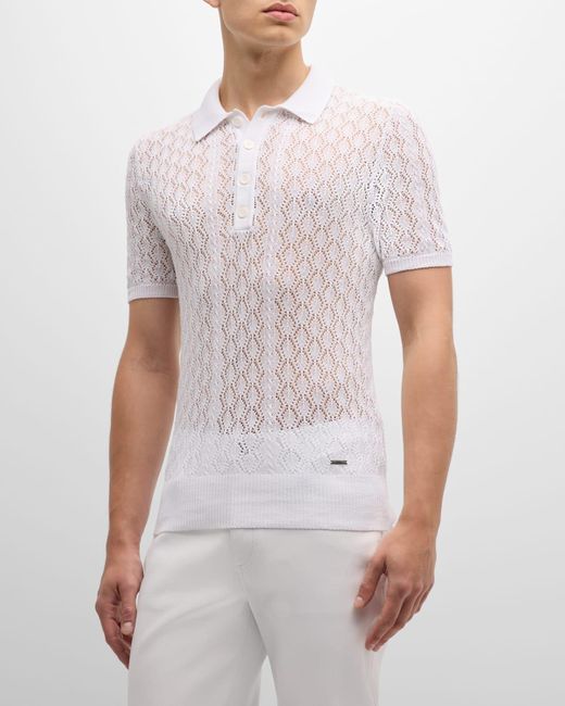 DSquared² White Pointelle Knit Short-Sleeve Polo Shirt for men