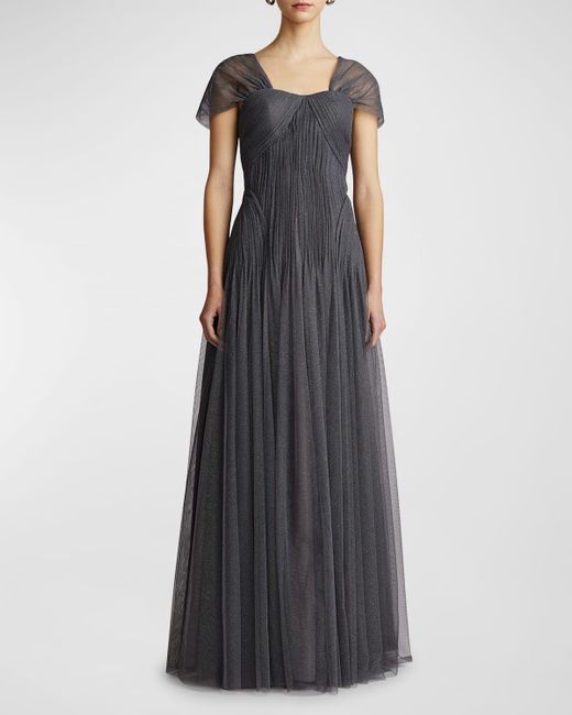 Zac Posen Blue Ruched A-line Shimmer Tulle Gown