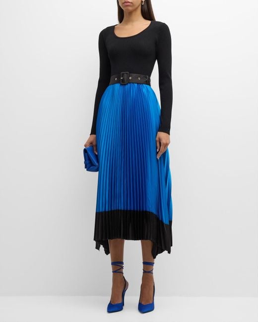 Tahari Blue Pleated Colorblock Handkerchief Midi Dress