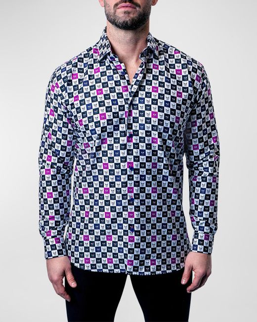 Maceoo Blue Fibonacci Skull Squares Dress Shirt for men