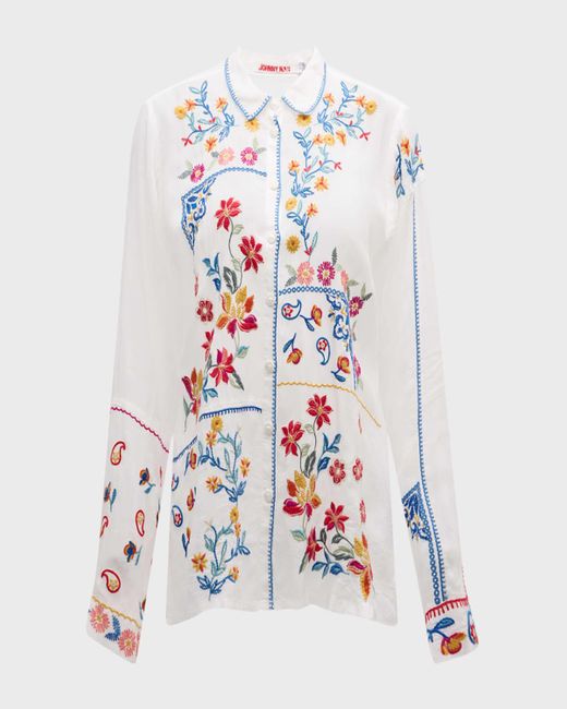 Johnny Was White Zodea Floral-Embroidered Eyelet Top