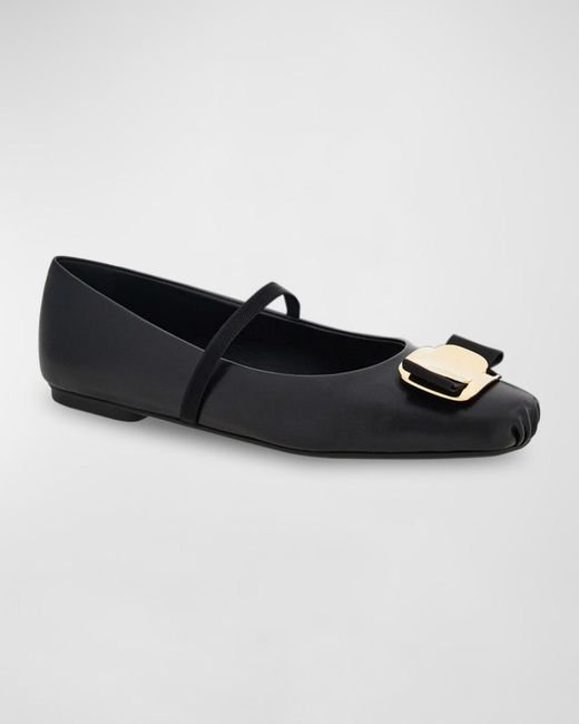 Ferragamo Black Zina Leather Bow Mary Jane Ballerina Flats