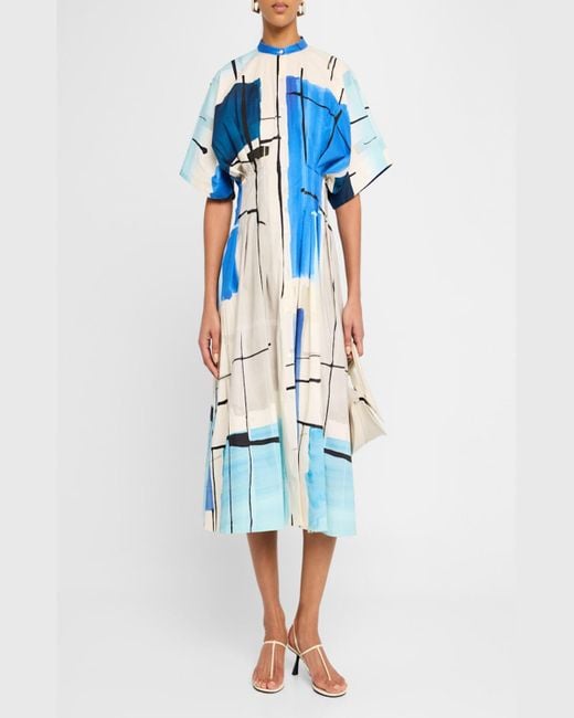 Natori Blue Sorairo Brushstroke-Print Poplin Midi Dress