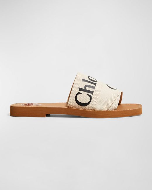 Chloé White Woody Flat Logo Ribbon Slide Sandals
