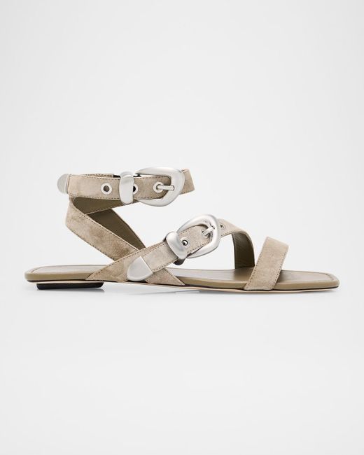 Stuart Weitzman Metallic Maven Suede Buckle Flat Sandals