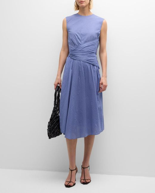 FRAME Blue Ruched Sleeveless Midi Dress