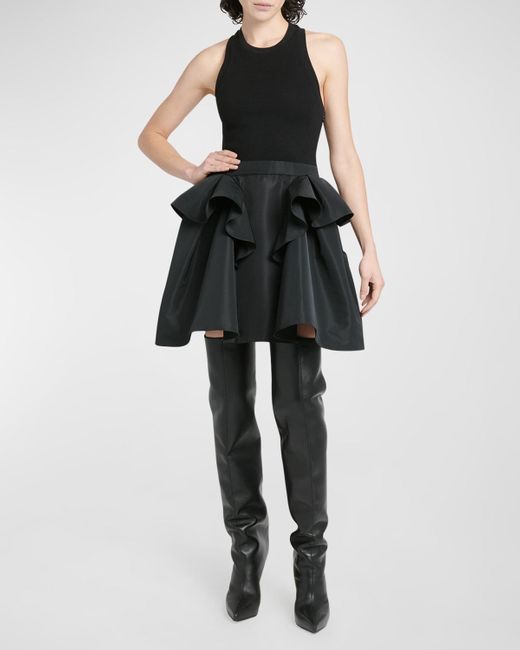 Alexander McQueen Black Knit Tank Mini Dress With Faille Peplum Skirt